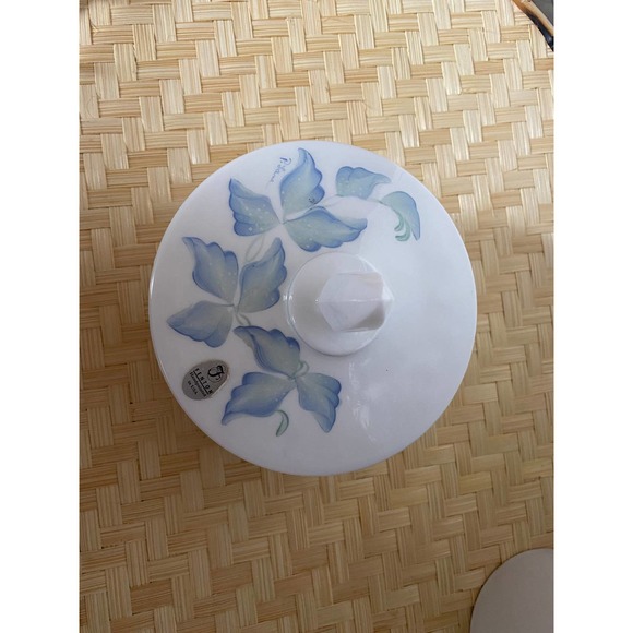 Fenton White Glass Blue Floral Candy Dish with Lid - Picture 3 of 6